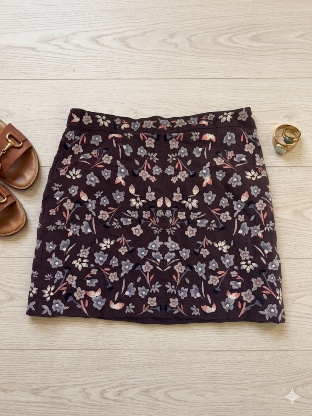 LOFT Burgundy Textured Embroidered Floral Boho Mini Cotton Skirt - Size M